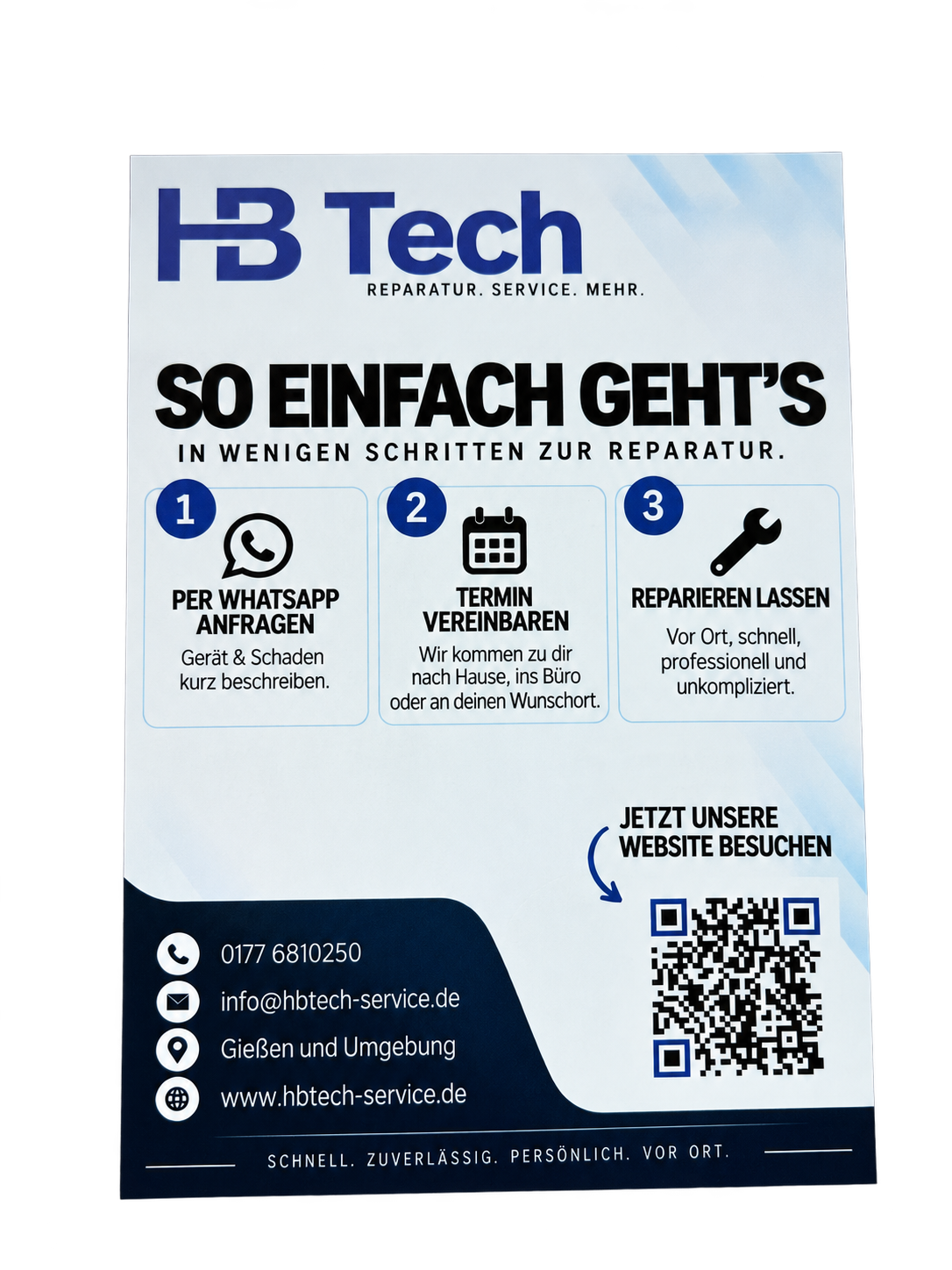 HB-Tech-Flyer mit drei Schritten von der Anfrage bis zur Reparatur