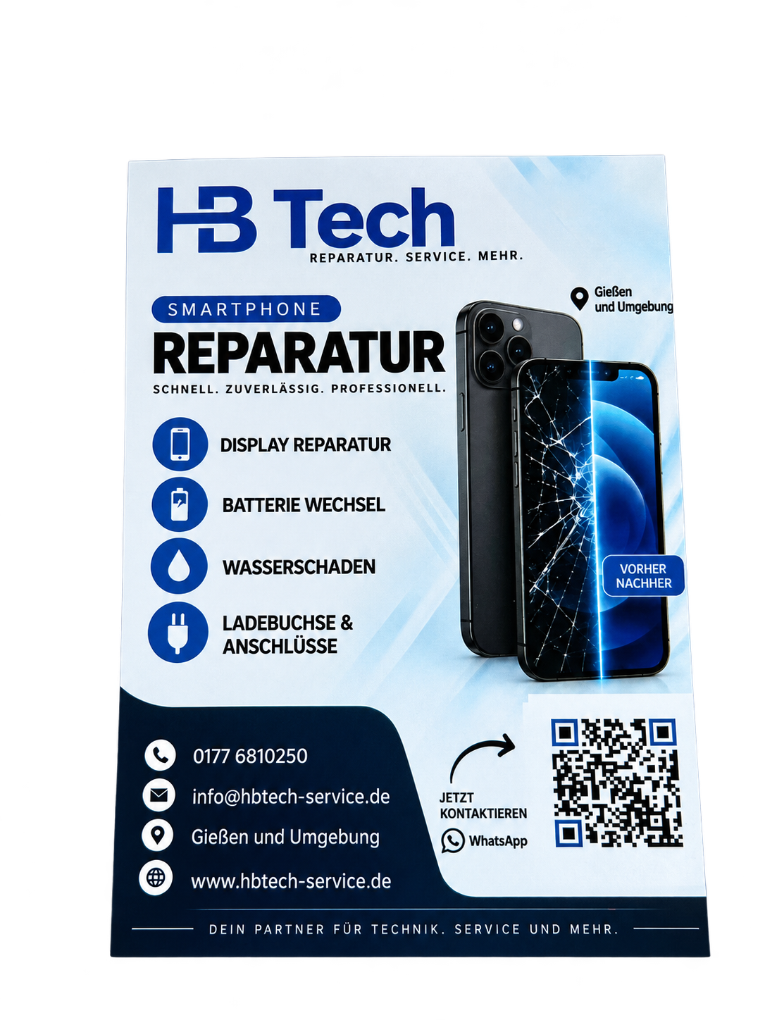 HB-Tech-Flyer mit Smartphone-Reparaturleistungen und Kontakt