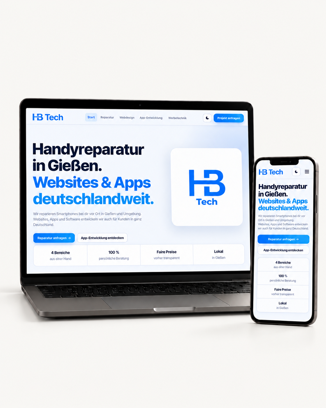 Visualisierung der HB-Tech-Website auf Laptop und Smartphone